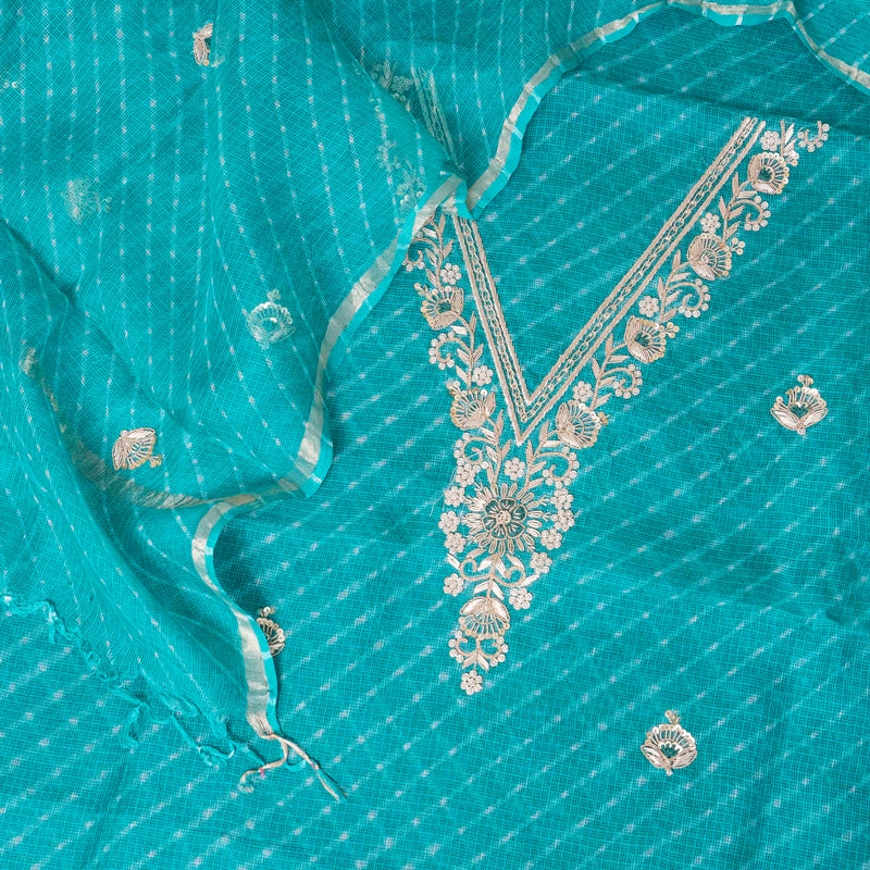 Hand Tie - Dye Kota Silk Kurta Fabric With Zari Hand Embroidery & Zari Hand Embroidery Dupatta