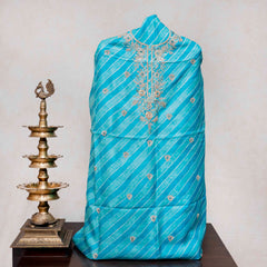 Hand Tie - Dye Tussar Silk Lehriya Kurta Fabric With Zari Hand Embroidery & Tussar Silk Lehriya Dupatta