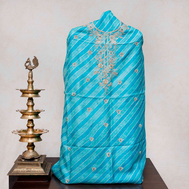 Hand Tie - Dye Tussar Silk Lehriya Kurta Fabric With Zari Hand Embroidery & Tussar Silk Lehriya Dupatta