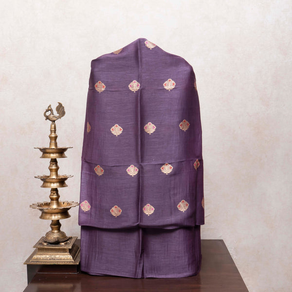 Royal Plum Handloom Linen Silk Set with Orange Highlighted Kadwa Weave