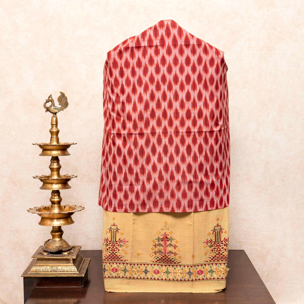 Handloom Cotton Ikkat Kurta Fabric With Natural Dye & Handloom Kala Cotton Bottom Fabric With Soof Embroidery