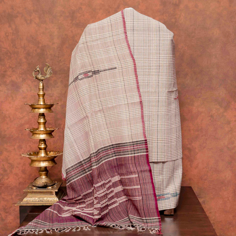 Handloom Cotton Multicolour Check Kurta Bottom Fabric & Handloom Cotton Multicolour Check Dupatta