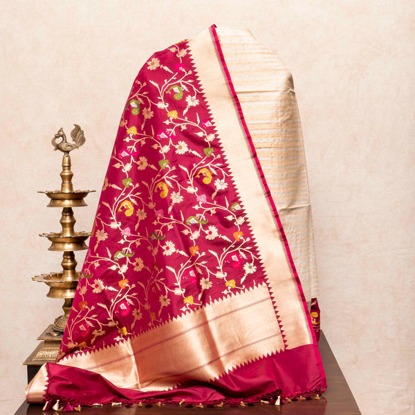 Handloom Tussar Kurta, Bottom Fabric With Golden - Silver Strip & Handloom Ketan Silk Banarasi Dupatta