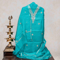 Hand Tie - Dye Kota Silk Kurta Fabric With Zari Hand Embroidery & Zari Hand Embroidery Dupatta