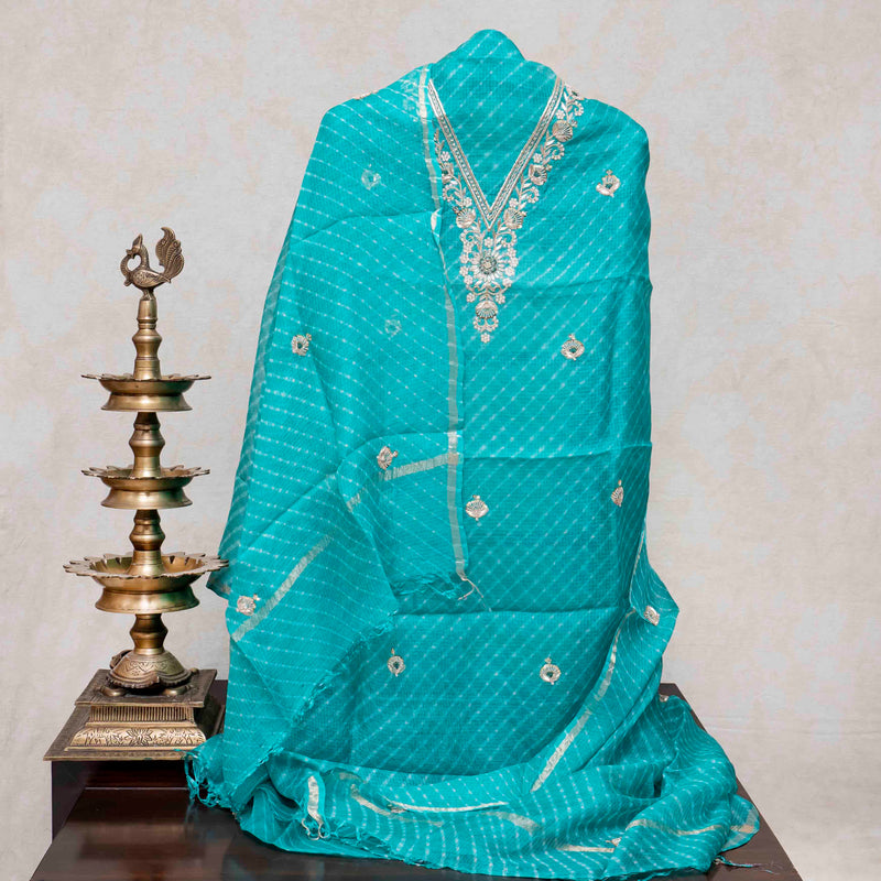 Hand Tie - Dye Kota Silk Kurta Fabric With Zari Hand Embroidery & Zari Hand Embroidery Dupatta