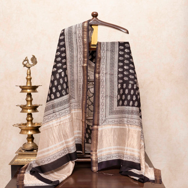 Maheshwari Silk Hand Block Bagh Print Kurta Fabric, Bottom Fabric & Maheshwari Silk Hand Block Bagh Print Dupatta