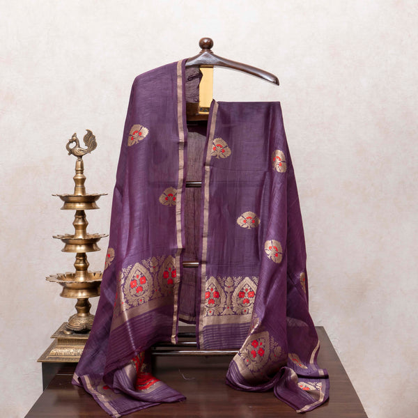 Royal Plum Handloom Linen Silk Set with Orange Highlighted Kadwa Weave