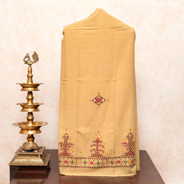 Handloom Cotton Ikkat Kurta Fabric With Natural Dye & Handloom Kala Cotton Bottom Fabric With Soof Embroidery