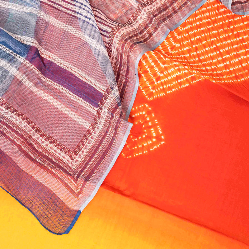 Cotton Multicolour Shibhori Kurta Fabric & Hand Block Kota Doria Dupatta