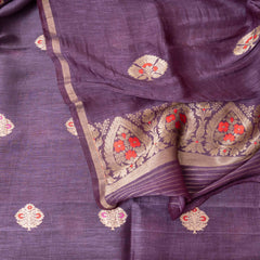 Royal Plum Handloom Linen Silk Set with Orange Highlighted Kadwa Weave