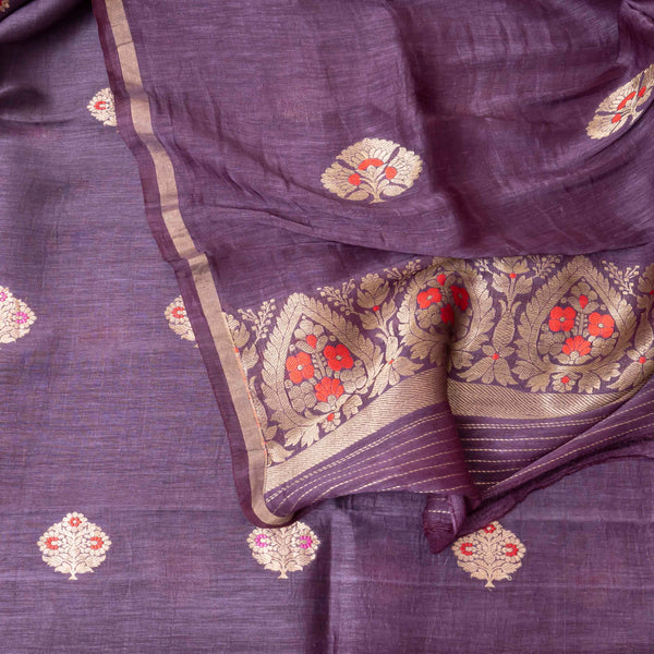 Royal Plum Handloom Linen Silk Set with Orange Highlighted Kadwa Weave