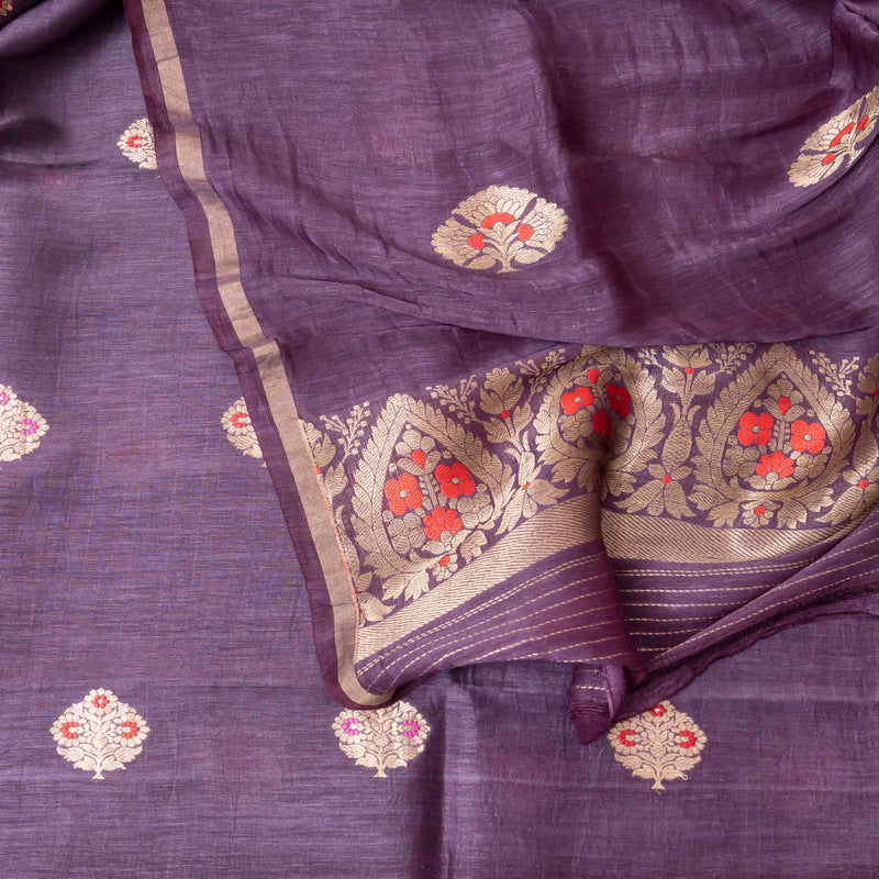 Royal Plum Handloom Linen Silk Set with Orange Highlighted Kadwa Weave