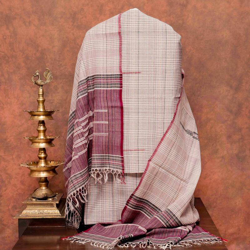 Handloom Cotton Multicolour Check Kurta Bottom Fabric & Handloom Cotton Multicolour Check Dupatta
