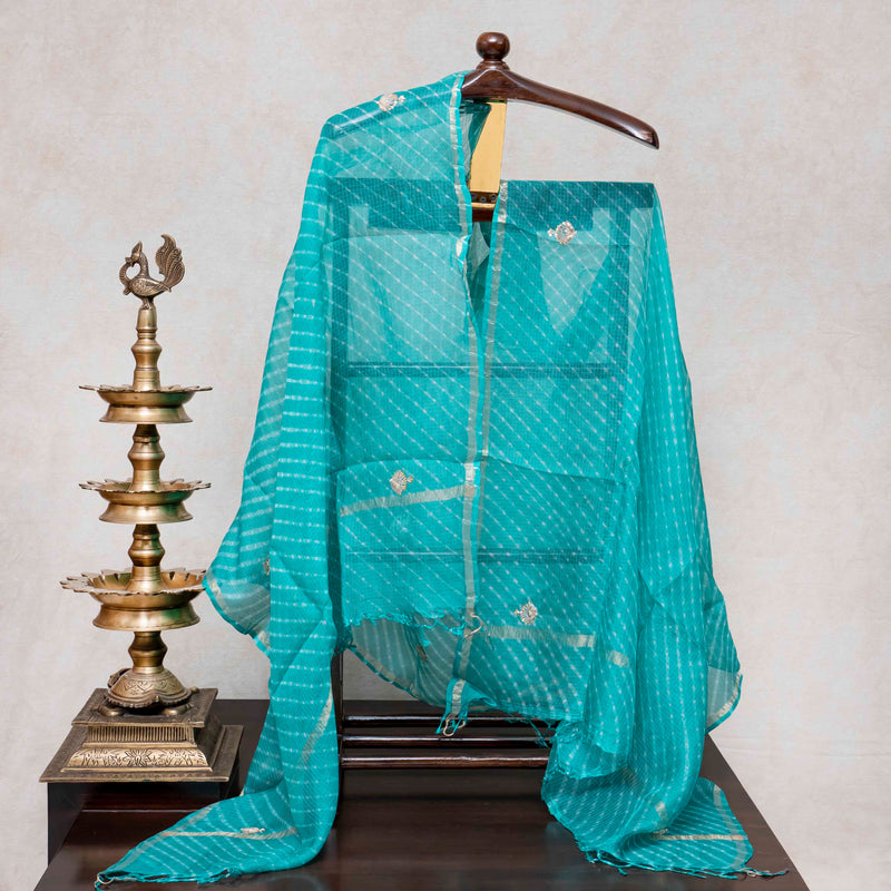 Hand Tie - Dye Kota Silk Kurta Fabric With Zari Hand Embroidery & Zari Hand Embroidery Dupatta