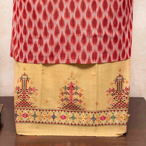 Handloom Cotton Ikkat Kurta Fabric With Natural Dye & Handloom Kala Cotton Bottom Fabric With Soof Embroidery