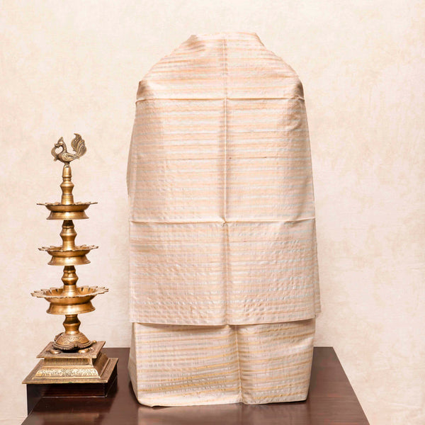 Handloom Tussar Kurta, Bottom Fabric With Golden - Silver Strip & Handloom Ketan Silk Banarasi Dupatta