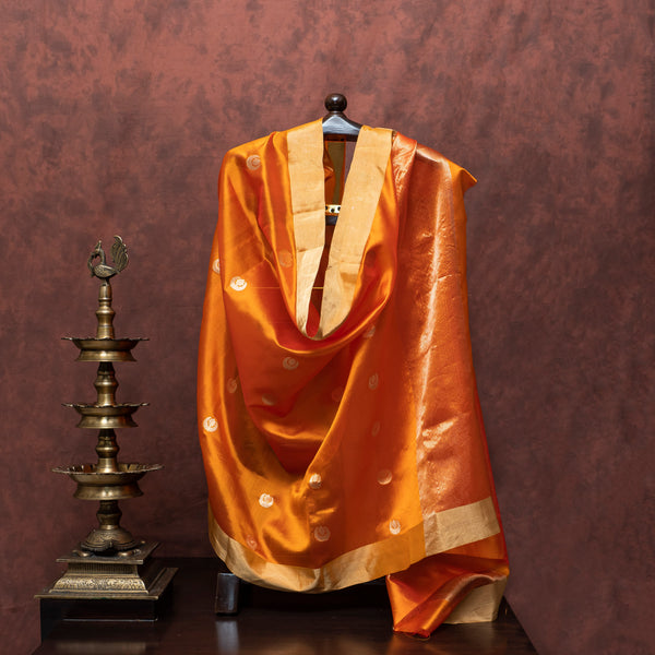 Handloom Pure Pattu Silk Orange Kurta Fabric And Dupatta With Kadwa Buta