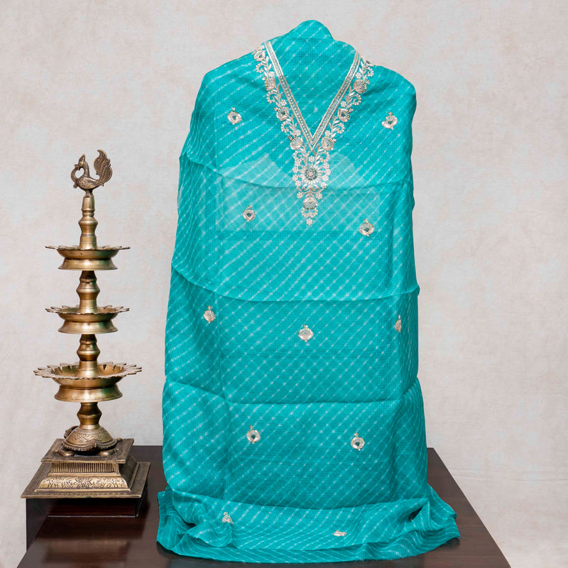 Hand Tie - Dye Kota Silk Kurta Fabric With Zari Hand Embroidery & Zari Hand Embroidery Dupatta
