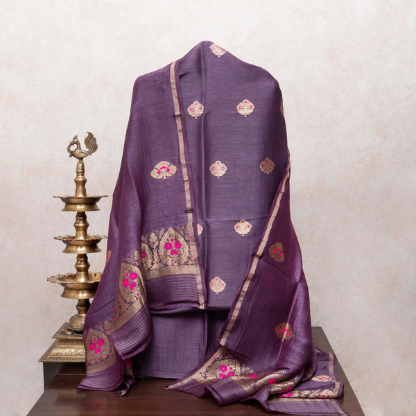 Royal Plum Handloom Linen Silk Suit Set with Kadwa Weave and Pink Highlights