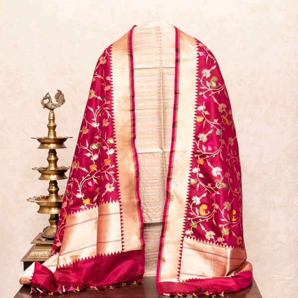 Handloom Tussar Kurta, Bottom Fabric With Golden - Silver Strip & Handloom Ketan Silk Banarasi Dupatta