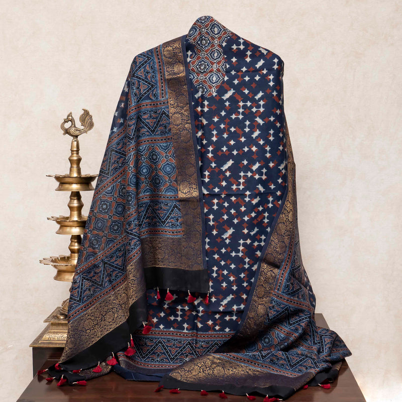 Hand Block Ajrakh Chandari Silk Kurta Fabric & Hand Block Ajrakh Chandari Silk Dupatta