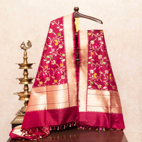 Handloom Tussar Kurta, Bottom Fabric With Golden - Silver Strip & Handloom Ketan Silk Banarasi Dupatta