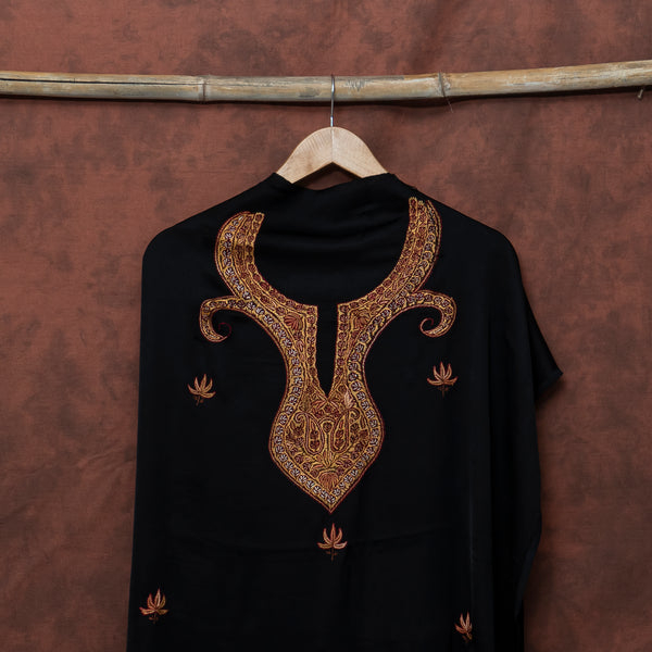 Black Modal Silk Kurta Fabric With Sozni Kashmiri Hand Embroidery
