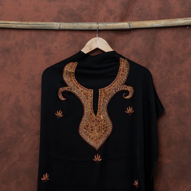 Black Modal Silk Kurta Fabric With Sozni Kashmiri Hand Embroidery