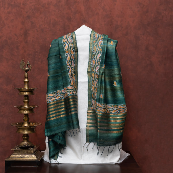 Pure Handloom Chanderi Kurta And Bottom Fabric With Tussar Silk Sozni Work Stole.