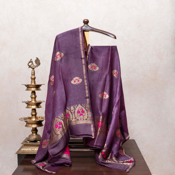 Royal Plum Handloom Linen Silk Suit Set with Kadwa Weave and Pink Highlights
