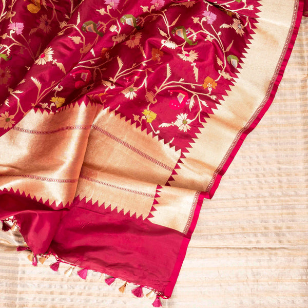 Handloom Tussar Kurta, Bottom Fabric With Golden - Silver Strip & Handloom Ketan Silk Banarasi Dupatta