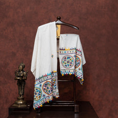 Handloom Cotton Off White Lambani Stole With Hand Embroidery