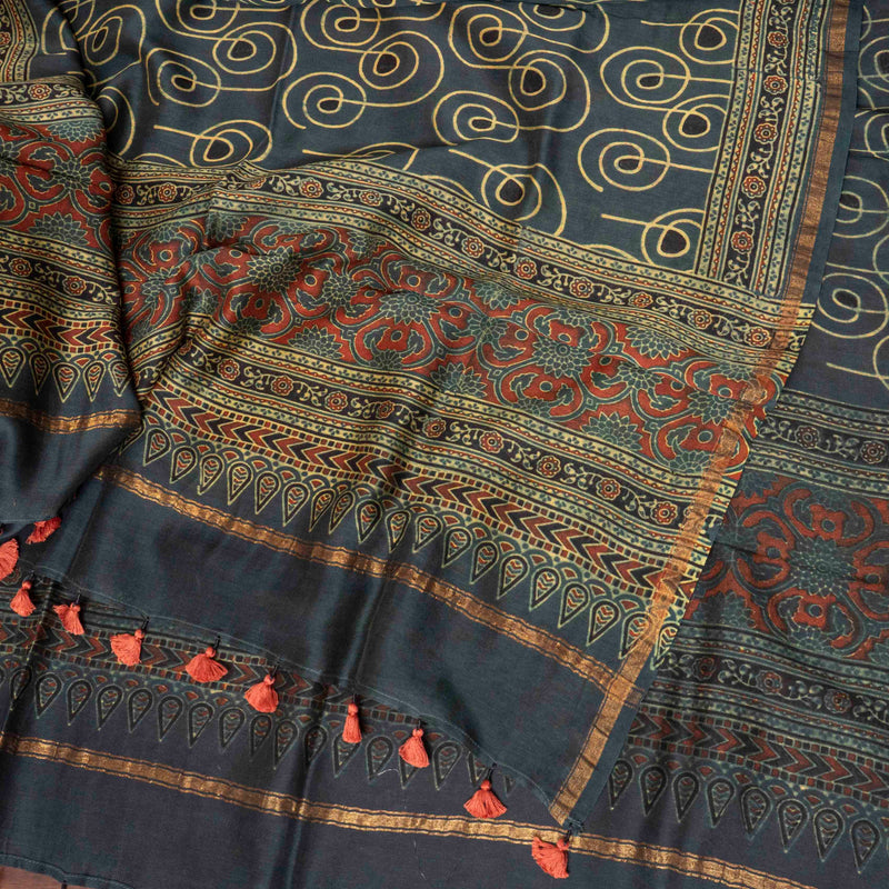 Hand Block Ajrakh Chanderi Silk Olive Dupatta