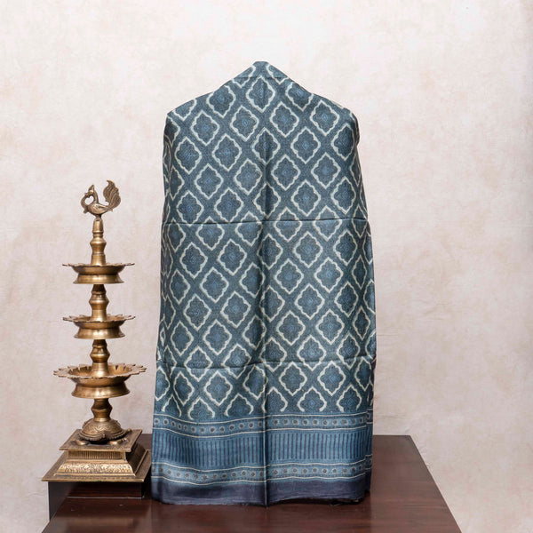 Ajrakh Handloom Tussar Silk Kurta & Dupatta Set in Teal Grey