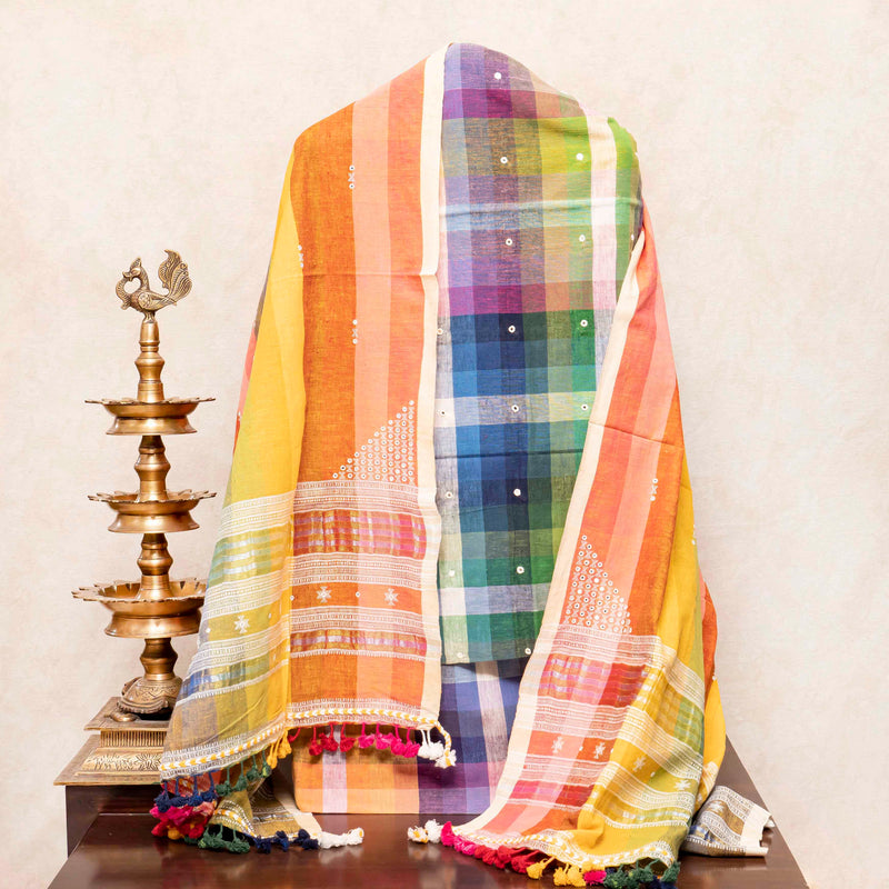 Handloom Kala Cotton Multicolour Check Kurta Fabric With Mirror Work, Handloom Kala Cotton Multicolour Check Bottom Fabric & Hand Kala Cotton Multicolour Stripes Dupatta With Mirror Work