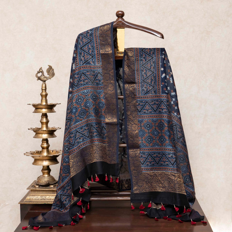Hand Block Ajrakh Chandari Silk Kurta Fabric & Hand Block Ajrakh Chandari Silk Dupatta