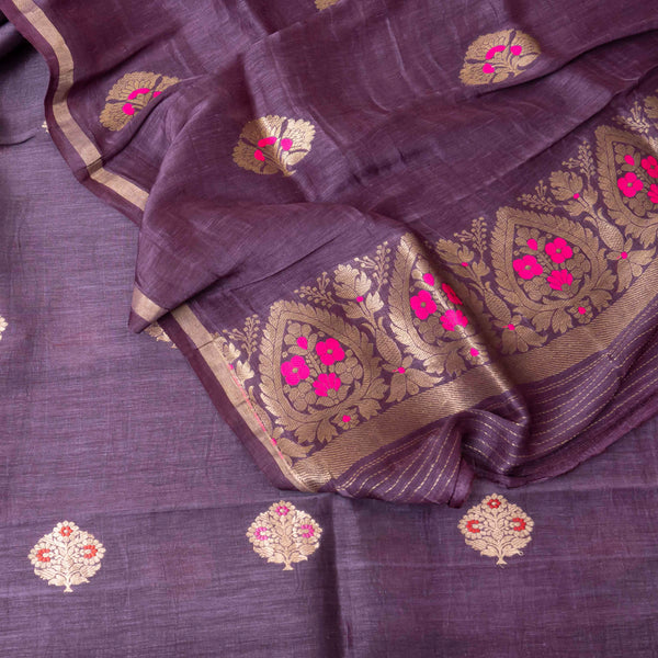 Royal Plum Handloom Linen Silk Suit Set with Kadwa Weave and Pink Highlights