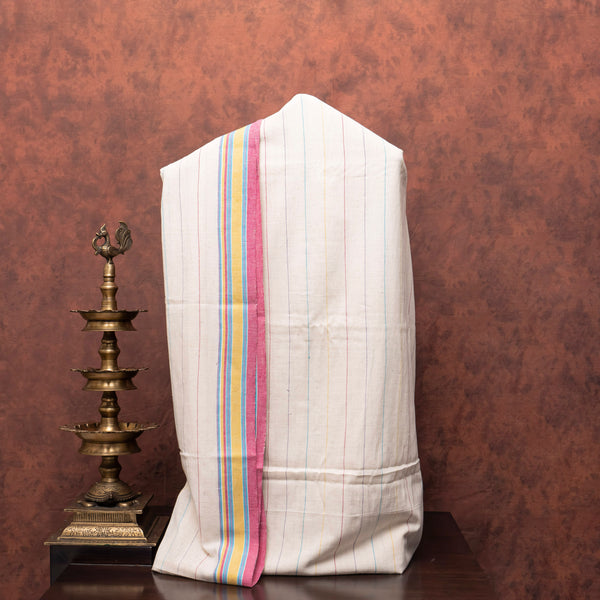 Handloom Kala Cotton Multicoloured Stripes Kurta, Bottom & Handloom Kala Cotton Dupatta With Mirror
