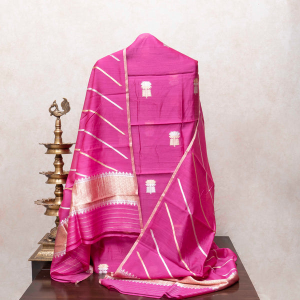 Fuchsia Pink Handloom Cotton Silk Suit Set with Elegant Kadwa Weave