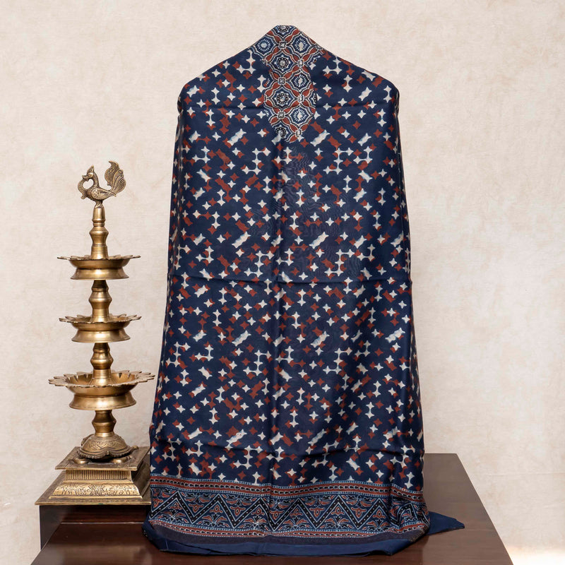 Hand Block Ajrakh Chandari Silk Kurta Fabric & Hand Block Ajrakh Chandari Silk Dupatta