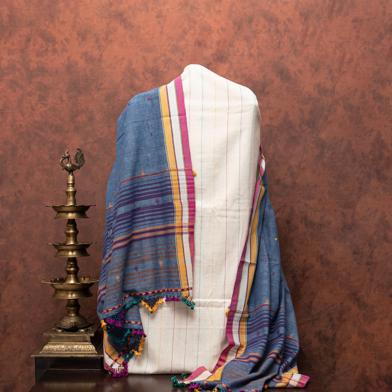Handloom Kala Cotton Multicoloured Stripes Kurta, Bottom & Handloom Kala Cotton Dupatta With Mirror