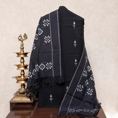 Handloom Cotton Jamdani Kurta, Bottom Fabric & Handloom Cotton Ikkat Dupatta