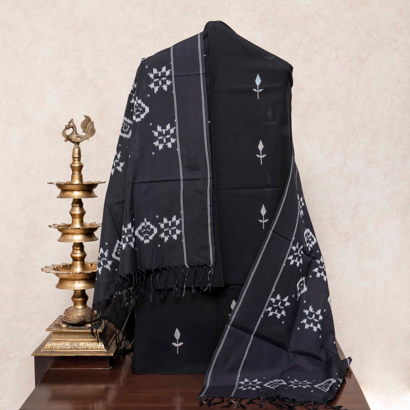 Handloom Cotton Jamdani Kurta, Bottom Fabric & Handloom Cotton Ikkat Dupatta