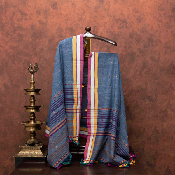 Handloom Kala Cotton Multicoloured Stripes Kurta, Bottom & Handloom Kala Cotton Dupatta With Mirror
