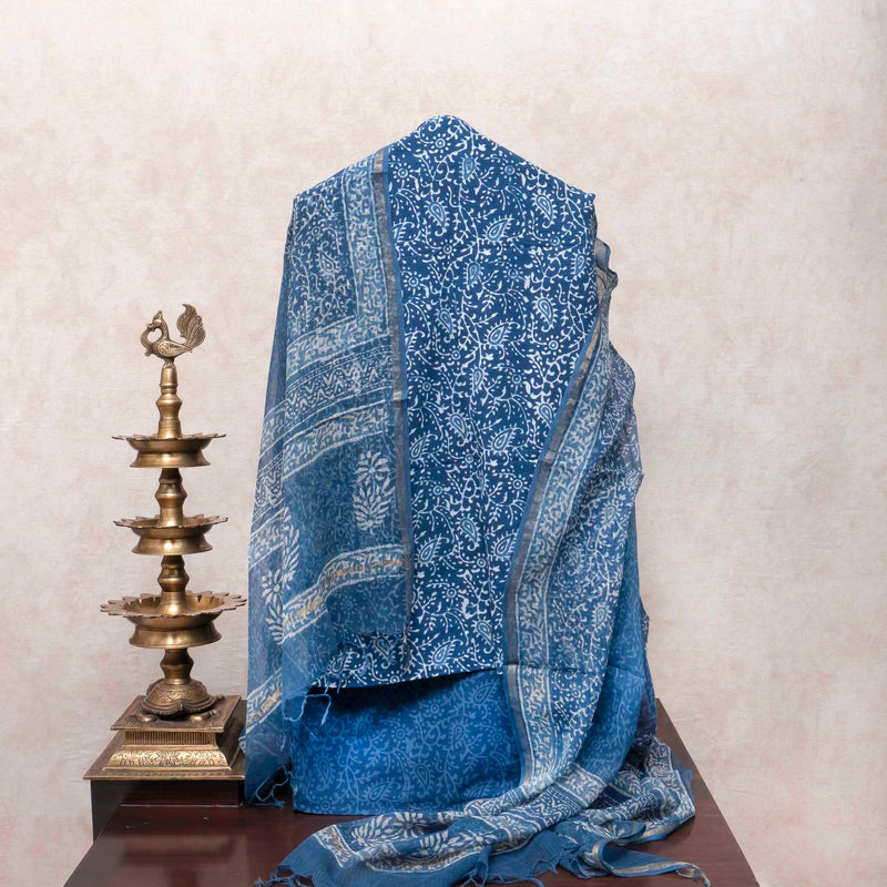 Indigo Whisper Handblock Cotton Suit Set with Kota Doria Dupatta
