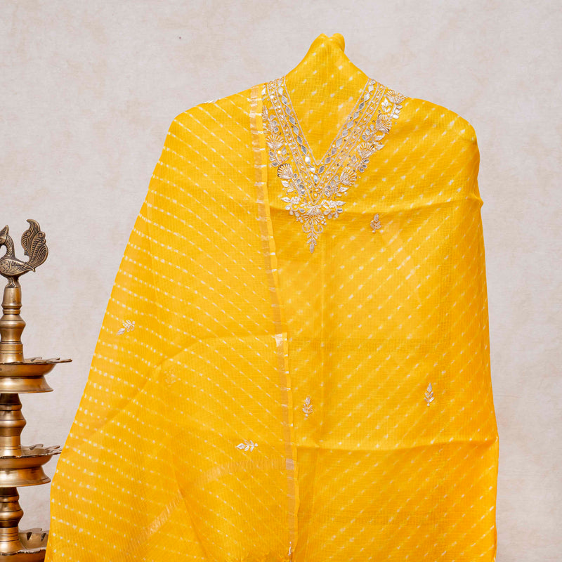 Hand Tie - Dye Kota Silk Kurta Fabric With Zari Hand Embroidery & Zari Hand Embroidery Dupatta