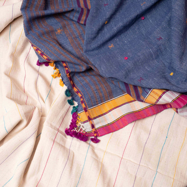 Handloom Kala Cotton Multicoloured Stripes Kurta, Bottom & Handloom Kala Cotton Dupatta With Mirror