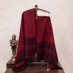 Handwoven Woollen Maroon Shawl With Mirror Work