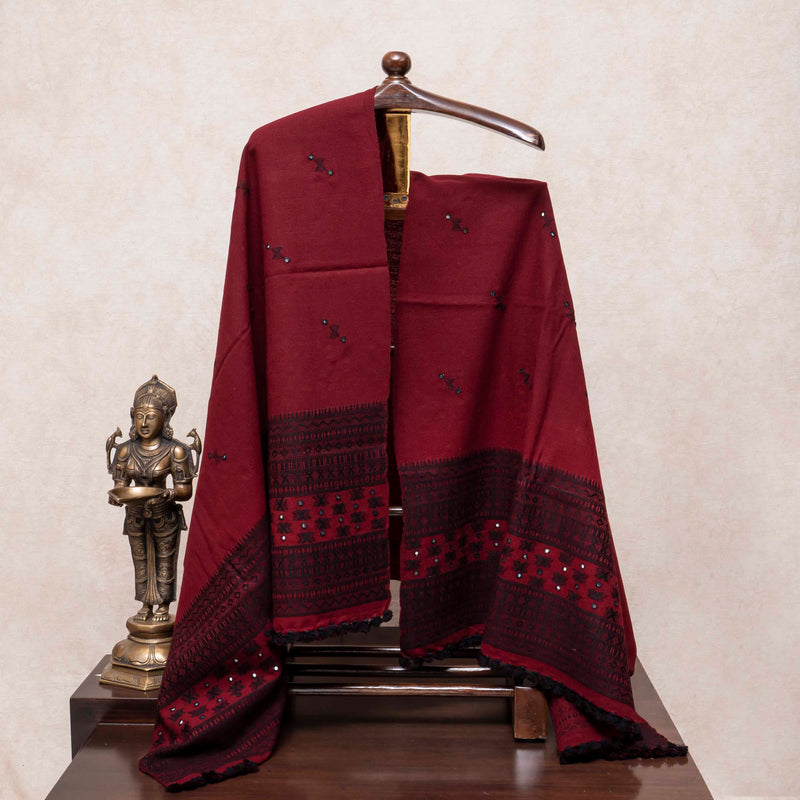 Handwoven Woollen Maroon Shawl With Mirror Work