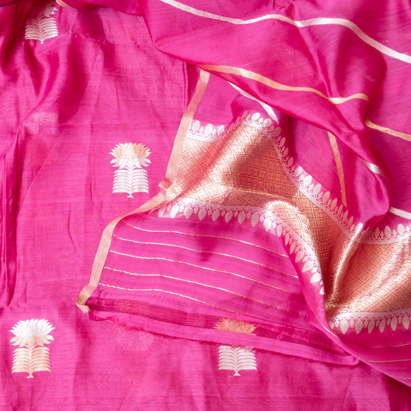 Fuchsia Pink Handloom Cotton Silk Suit Set with Elegant Kadwa Weave